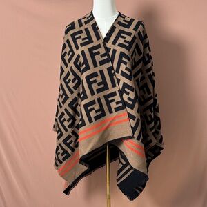 Fendi Black and Tan Logo Poncho with Orange Accents